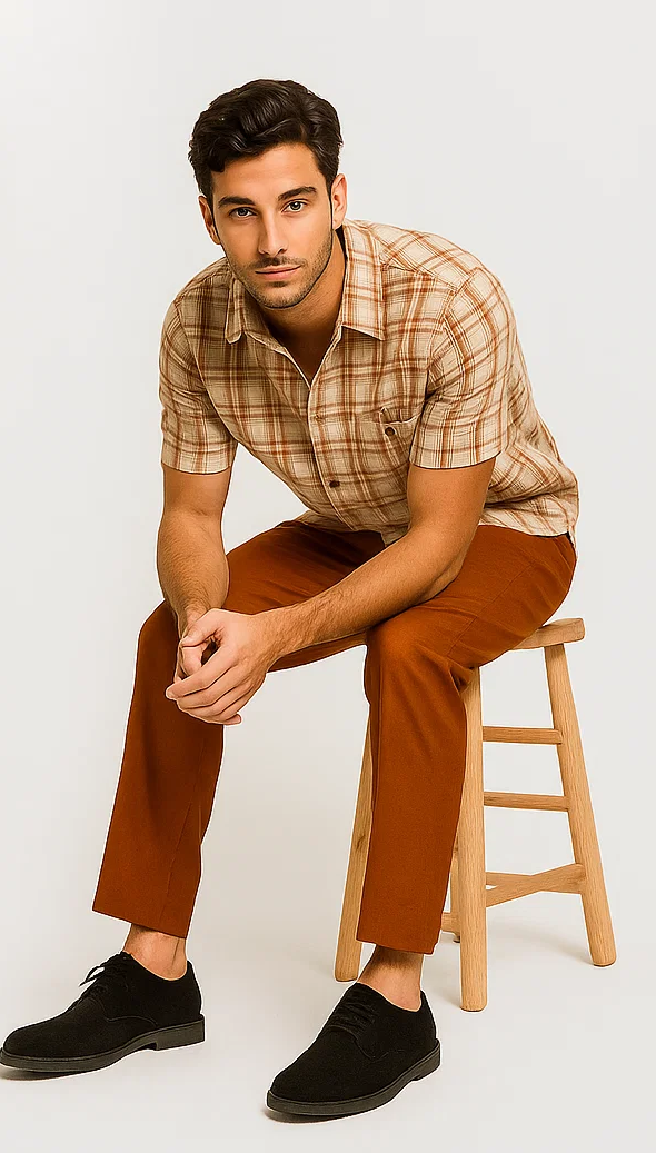Mens Textured Plaid Walking Suit in Papaya/cream by Dreams by Zacchi – 2 Piece Leisure Outfit with Matching Shirt and Pant-$99