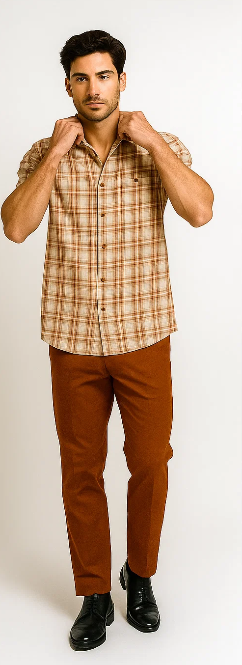 Mens Textured Plaid Walking Suit in Papaya/cream by Dreams by Zacchi – 2 Piece Leisure Outfit with Matching Shirt and Pant-$99