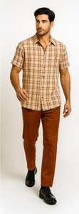 Mens Textured Plaid Walking Suit in Papaya/cream by Dreams by Zacchi – 2 Piece Leisure Outfit with Matching Shirt and Pant-$99