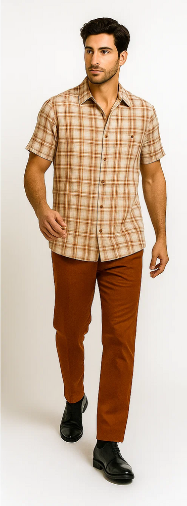 Mens Textured Plaid Walking Suit in Papaya/cream by Dreams by Zacchi – 2 Piece Leisure Outfit with Matching Shirt and Pant-$99