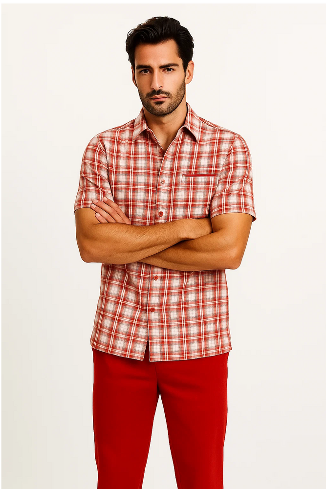 Mens Textured Plaid Walking Suit in Red/Off White by Dreams by Zacchi – 2 Piece Leisure Outfit with Matching Shirt and Pant-$99