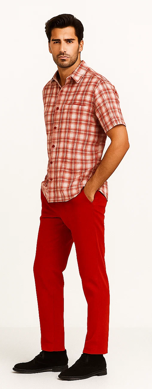 Mens Textured Plaid Walking Suit in Red/Off White by Dreams by Zacchi – 2 Piece Leisure Outfit with Matching Shirt and Pant-$99