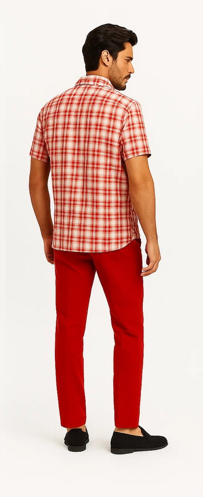 Mens Textured Plaid Walking Suit in Red/Off White by Dreams by Zacchi – 2 Piece Leisure Outfit with Matching Shirt and Pant-$99