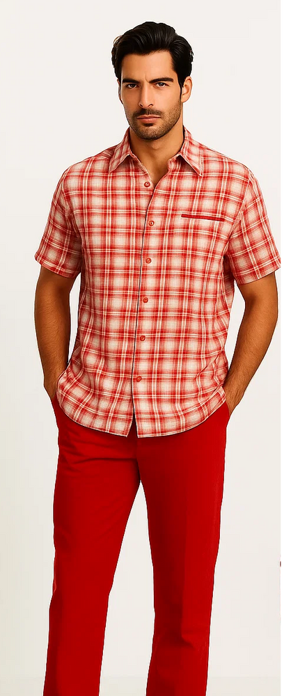 Mens Textured Plaid Walking Suit in Red/Off White by Dreams by Zacchi – 2 Piece Leisure Outfit with Matching Shirt and Pant-$99