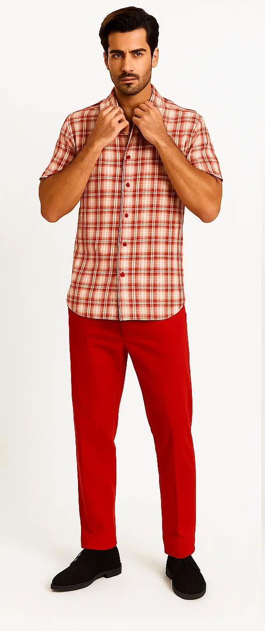 Mens Textured Plaid Walking Suit in Red/Off White by Dreams by Zacchi – 2 Piece Leisure Outfit with Matching Shirt and Pant-$99
