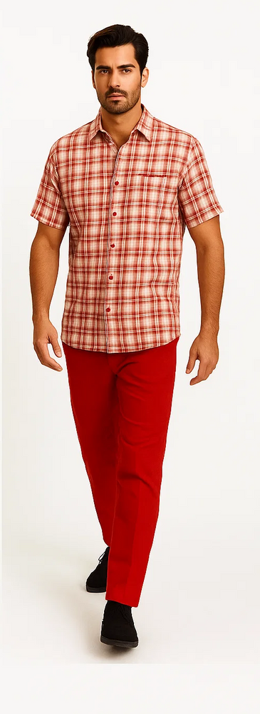 Mens Textured Plaid Walking Suit in Red/Off White by Dreams by Zacchi – 2 Piece Leisure Outfit with Matching Shirt and Pant-$99