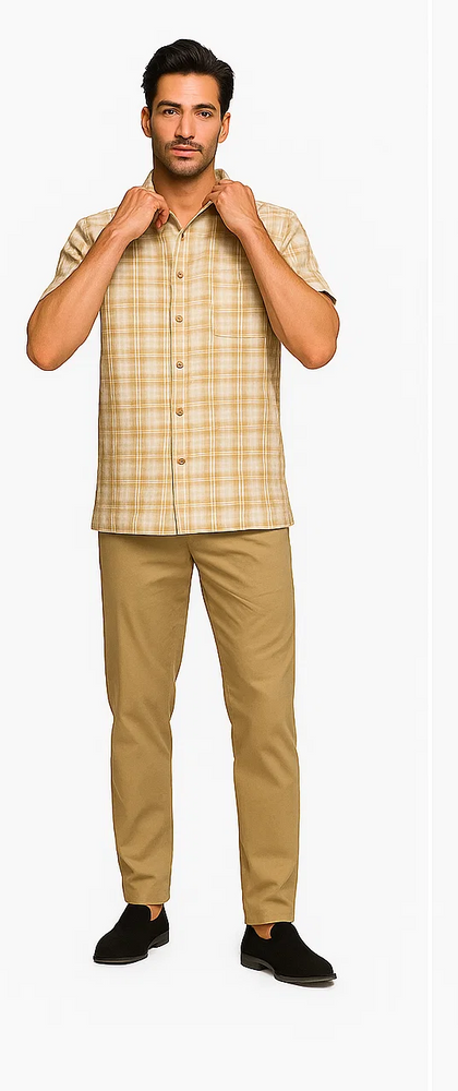 Mens Textured Plaid Walking Suit in Tan/cream by Dreams by Zacchi – 2 Piece Leisure Outfit with Matching Shirt and Pants - $99