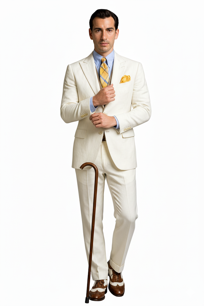 Mens The Great Gatsby Vested Peak Lapel Suit in Ivory with Brown Vest