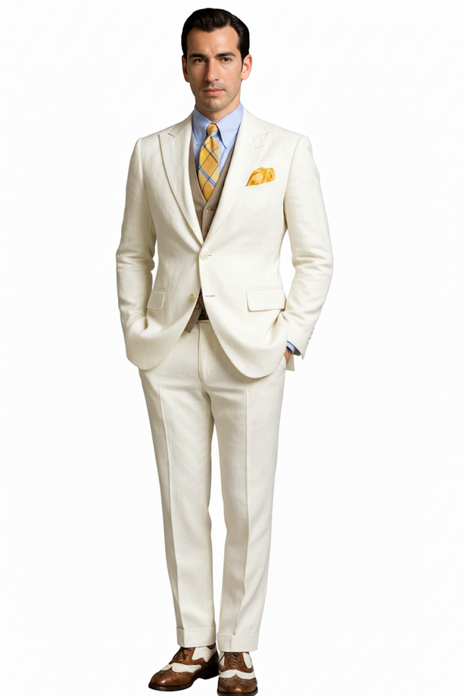 Mens The Great Gatsby Vested Peak Lapel Suit in Ivory with Brown Vest