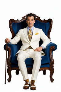 Mens The Great Gatsby Vested Peak Lapel Suit in Ivory with Brown Vest