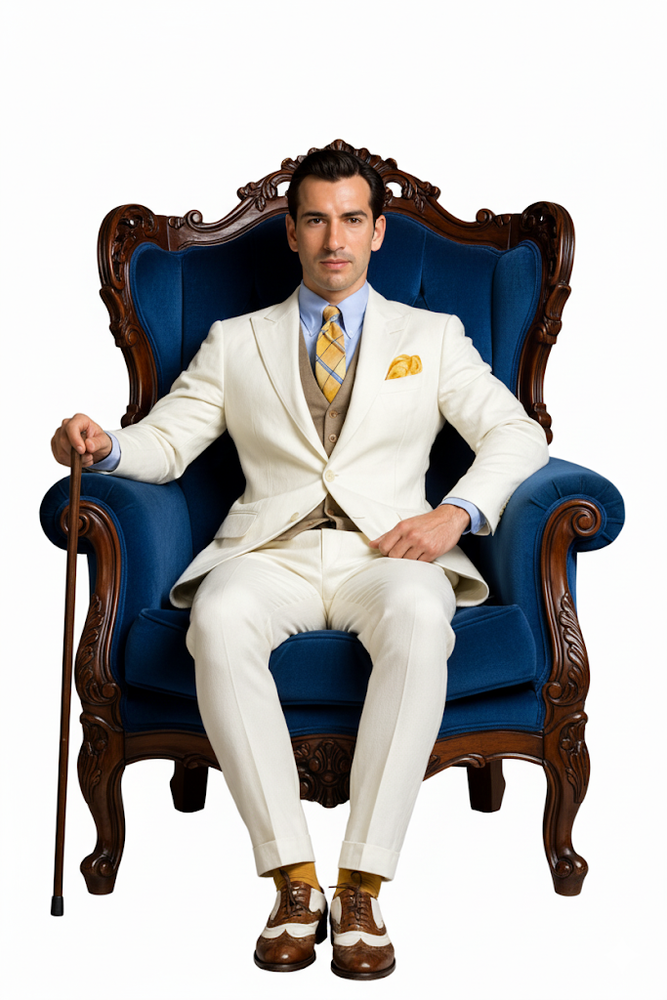 Mens The Great Gatsby Vested Peak Lapel Suit in Ivory with Brown Vest