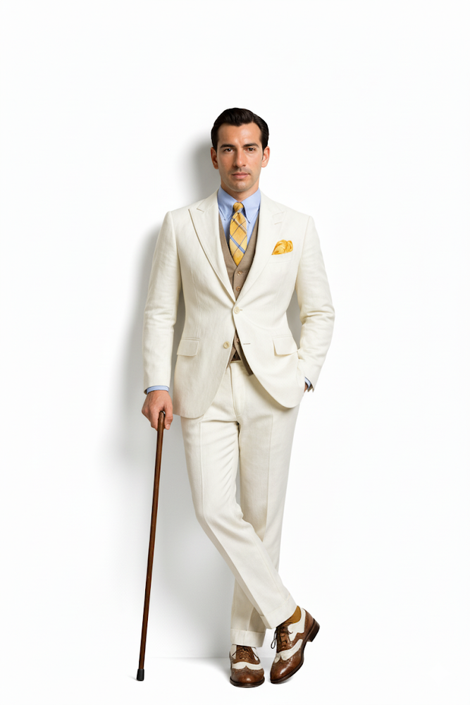 Mens The Great Gatsby Vested Peak Lapel Suit in Ivory with Brown Vest