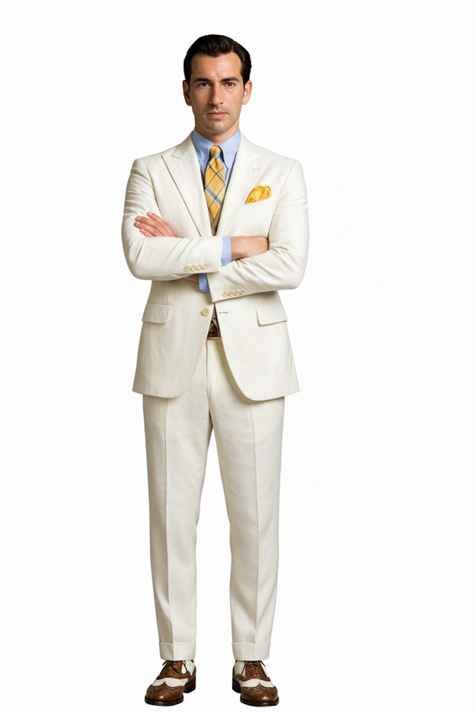 Mens The Great Gatsby Vested Peak Lapel Suit in Ivory with Brown Vest