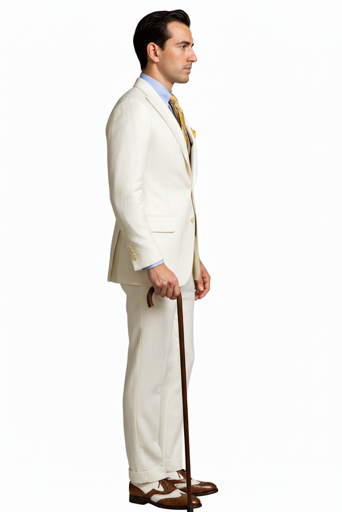 Mens The Great Gatsby Vested Peak Lapel Suit in Ivory with Brown Vest
