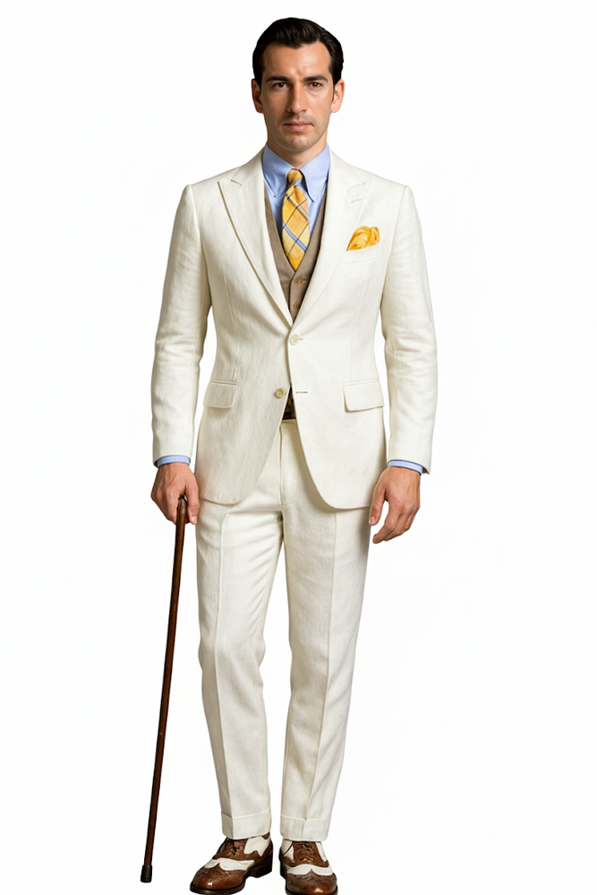 Mens The Great Gatsby Vested Peak Lapel Suit in Ivory with Brown Vest