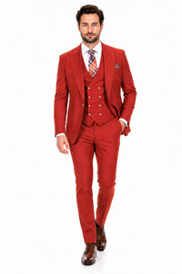 Men's Brick Statement Ticket Pocket Peak Lapel Wool Double Breasted Vest Suit with Gold Buttons – Modern Fit