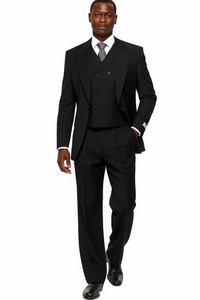 Mens Tiglio Rosso Suit - Wide Leg Baggy Pants - 100% Wool  Black Three-Piece Suit with Double-Breasted Vest and Peak Lapel