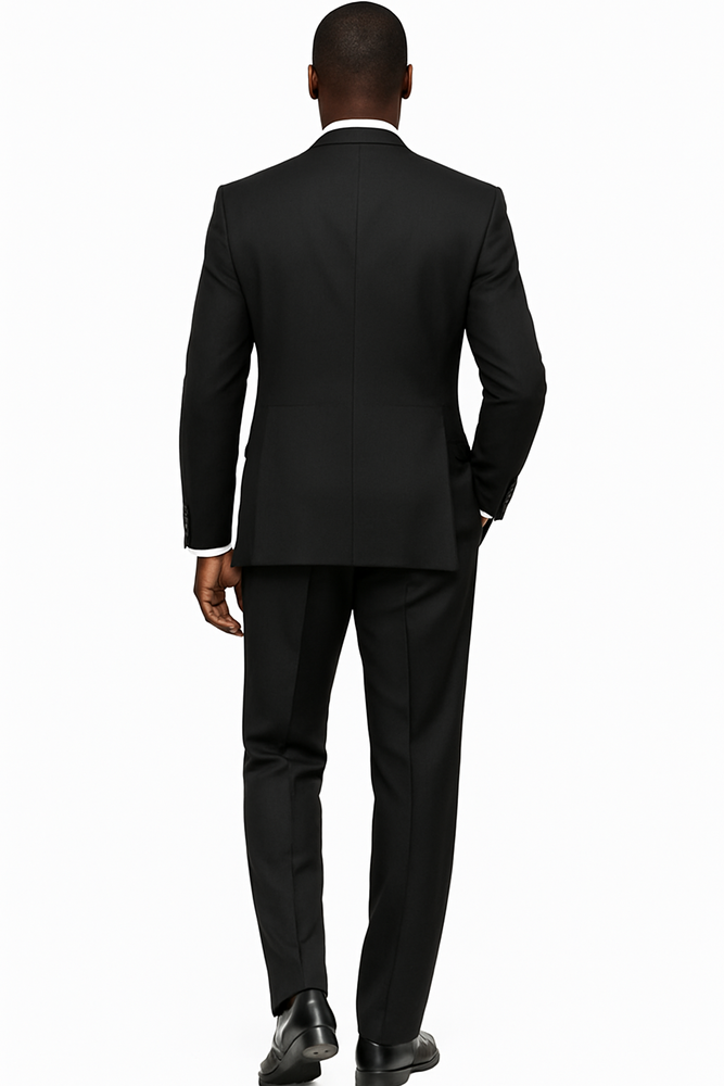 Mens Tiglio Rosso Suit - Wide Leg Baggy Pants - 100% Wool  Black Three-Piece Suit with Double-Breasted Vest and Peak Lapel
