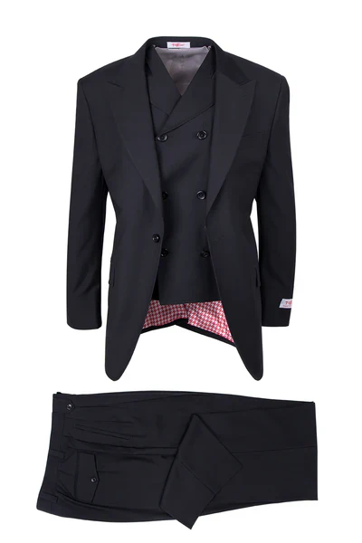 Mens Tiglio Rosso Suit - Wide Leg Baggy Pants - 100% Wool  Black Three-Piece Suit with Double-Breasted Vest and Peak Lapel