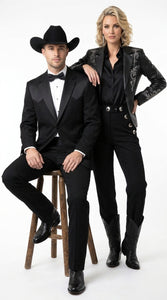 Mens Traditional Black Western Tuxedo Suit – 2 Piece Cowboy Formal Suit with Western Yoke Sport Coat & Matching Black Pants