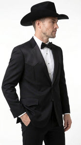 Mens Traditional Black Western Tuxedo Suit – 2 Piece Cowboy Formal Suit with Western Yoke Sport Coat & Matching Black Pants