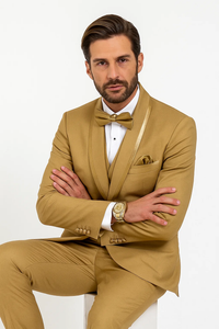 Mens Formal Champagne Tuxedo – Satin Shawl Collar Vested Suit for Prom and Weddings in Gold Color