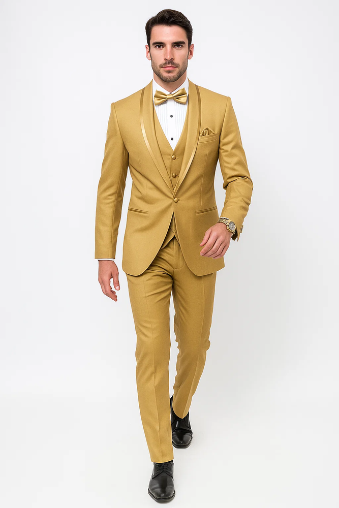 Mens Formal Champagne Tuxedo – Satin Shawl Collar Vested Suit for Prom and Weddings in Gold Color