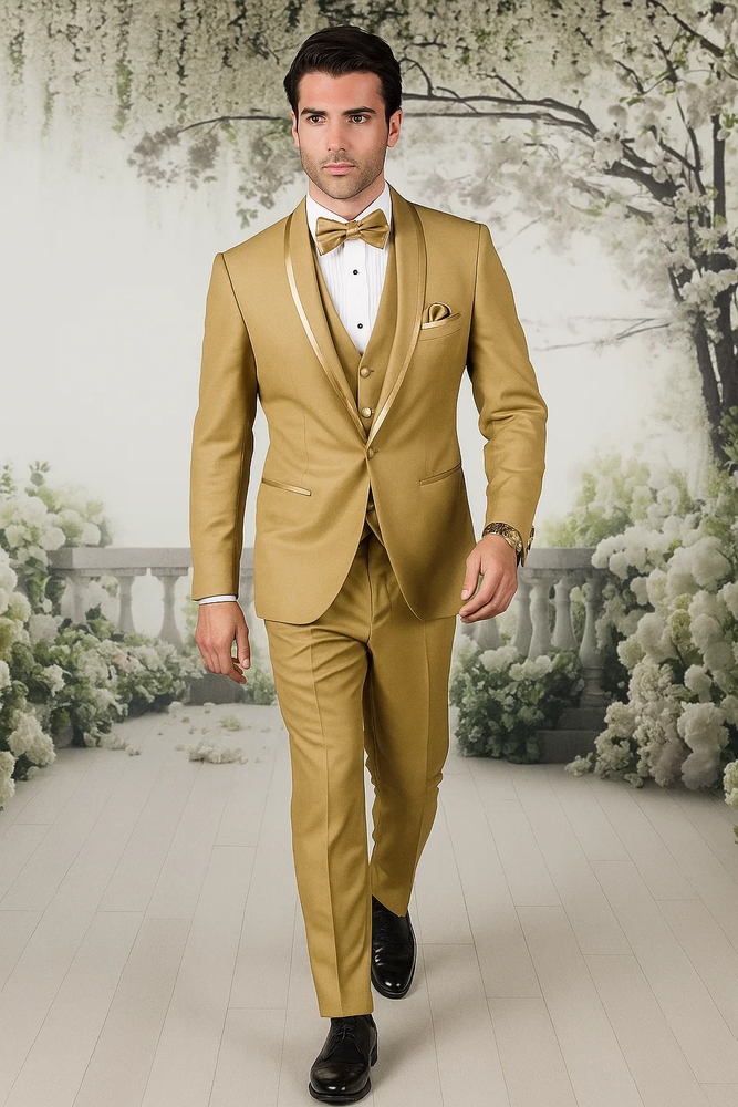 Mens Formal Champagne Tuxedo – Satin Shawl Collar Vested Suit for Prom and Weddings in Gold Color