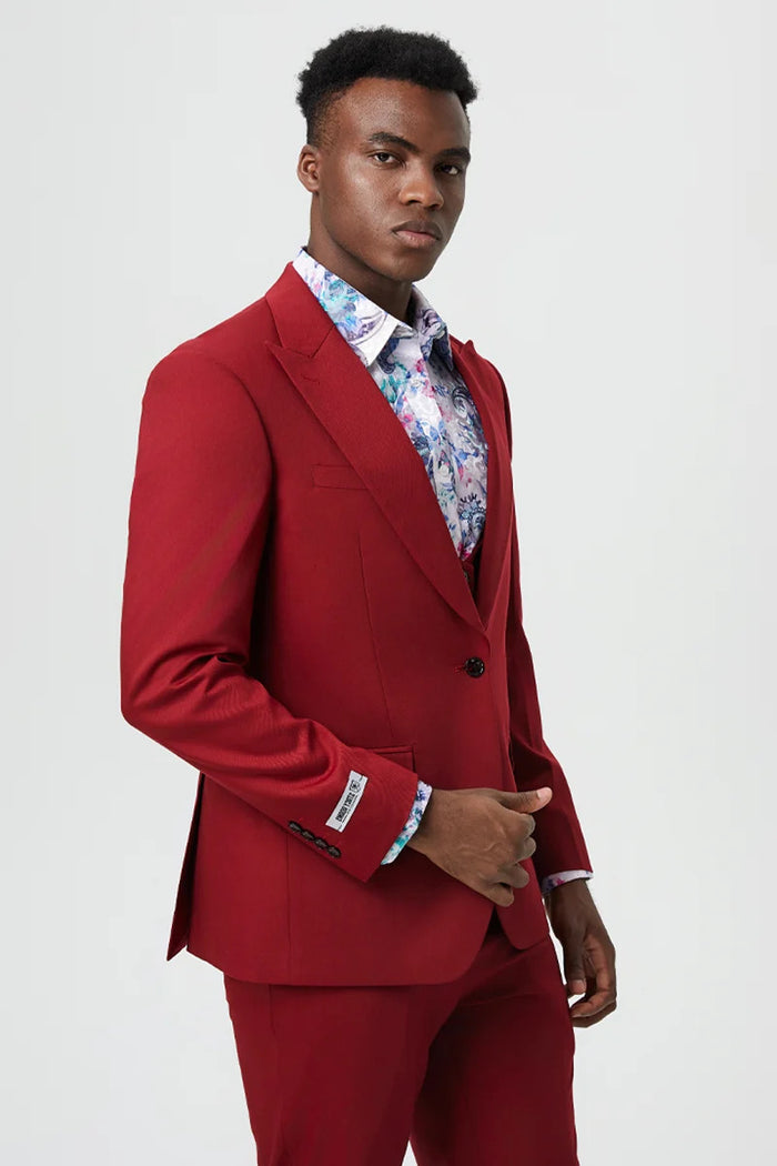 Men's Vested One Button Peak Lapel Stacy Adams Designer Suit in Cherry Red