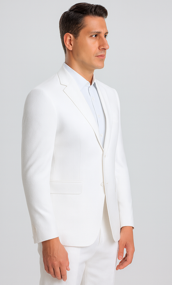 Mens Vested Summer Seersucker Suit in White Pinstripe