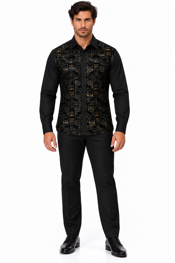 Mens Black Luxe Pattern Walking Suit – Long Sleeve Shirt & Matching Pants Set