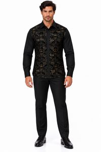 Mens Black Luxe Pattern Walking Suit – Long Sleeve Shirt & Matching Pants Set