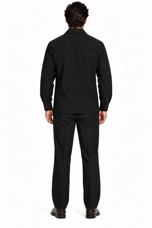Mens Black Casual Dressy Walking Suit – Long-Sleeve Shirt & Matching Pants
