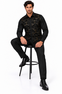Mens Black Luxe Pattern Walking Suit – Long Sleeve Shirt & Matching Pants Set