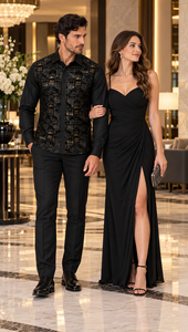 Mens Black Luxe Pattern Walking Suit – Long Sleeve Shirt & Matching Pants Set