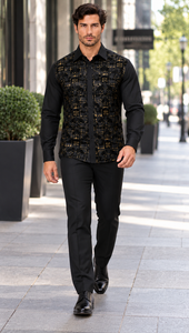 Mens Black Luxe Pattern Walking Suit – Long Sleeve Shirt & Matching Pants Set