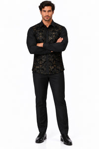 Mens Black Luxe Pattern Walking Suit – Long Sleeve Shirt & Matching Pants Set
