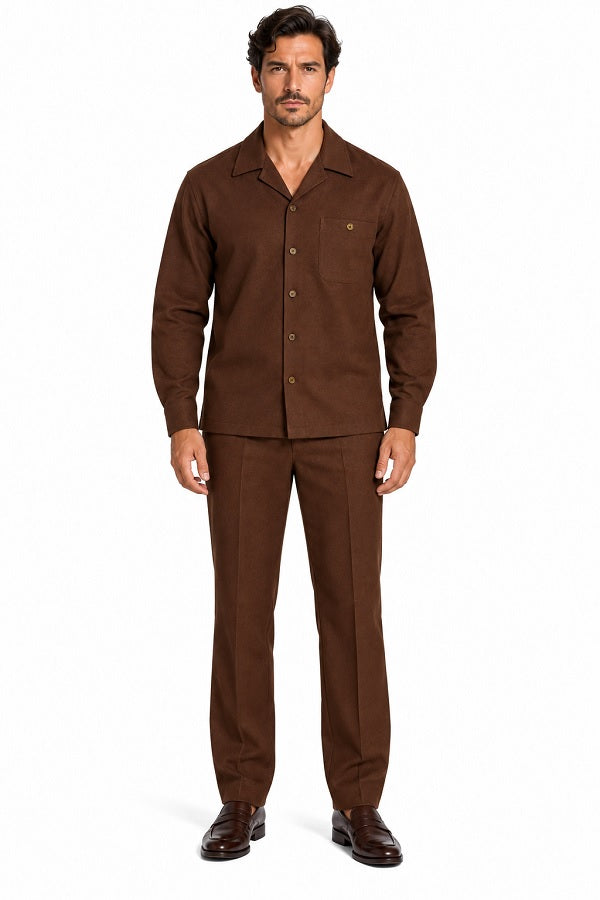 Mens Brown Casual Dressy Walking Suit – Long-Sleeve Shirt & Matching Pants
