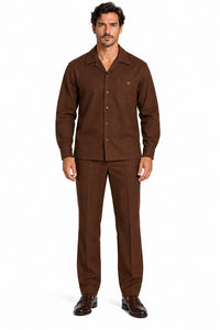 Mens Brown Casual Dressy Walking Suit – Long-Sleeve Shirt & Matching Pants