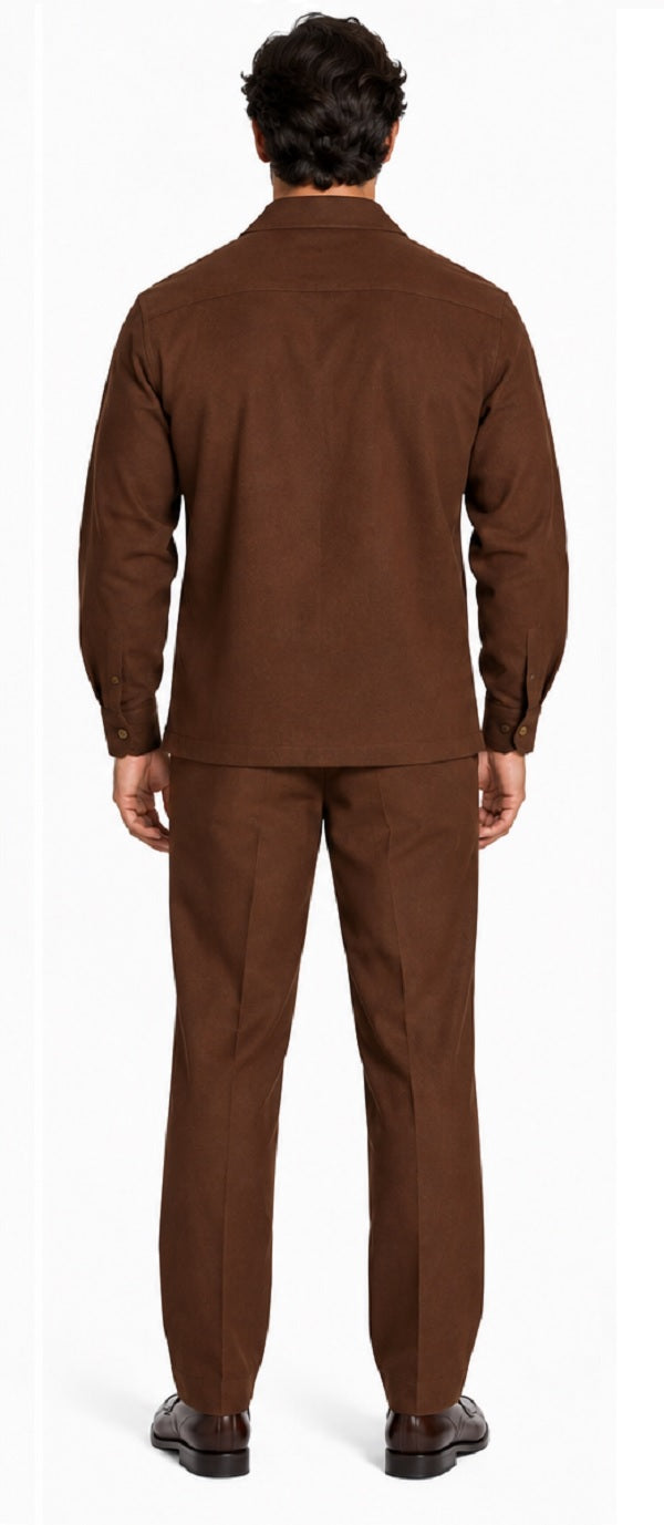 Mens Brown Casual Dressy Walking Suit – Long-Sleeve Shirt & Matching Pants