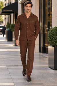 Mens Brown Casual Dressy Walking Suit – Long-Sleeve Shirt & Matching Pants
