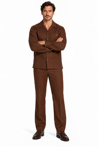 Mens Brown Casual Dressy Walking Suit – Long-Sleeve Shirt & Matching Pants