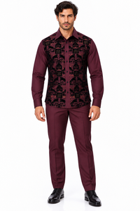 Mens Burgundy & Black Patterned Walking Suit – Long Sleeve Shirt & Matching Pants Set