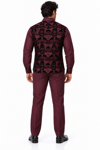 Mens Burgundy & Black Patterned Walking Suit – Long Sleeve Shirt & Matching Pants Set