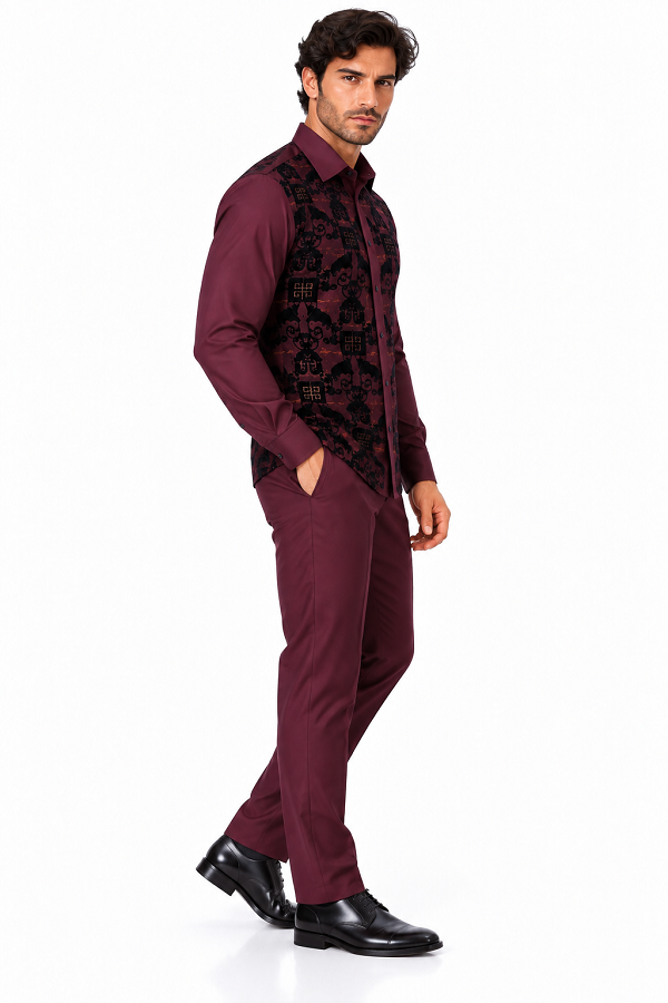 Mens Burgundy & Black Patterned Walking Suit – Long Sleeve Shirt & Matching Pants Set