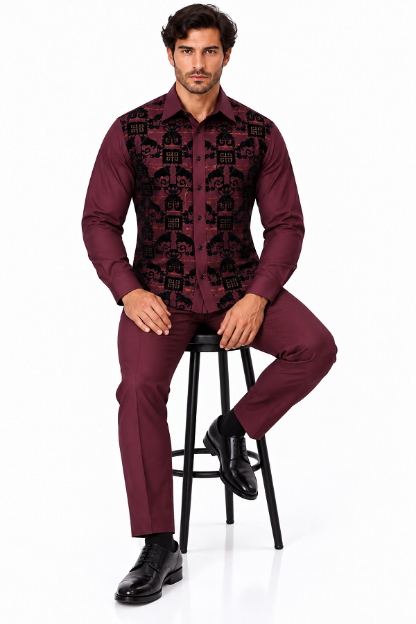 Mens Burgundy & Black Patterned Walking Suit – Long Sleeve Shirt & Matching Pants Set