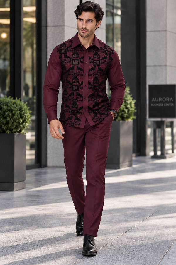 Mens Burgundy & Black Patterned Walking Suit – Long Sleeve Shirt & Matching Pants Set