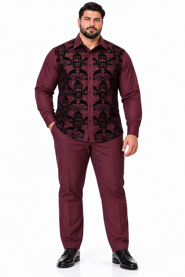 Mens Burgundy & Black Patterned Walking Suit – Long Sleeve Shirt & Matching Pants Set