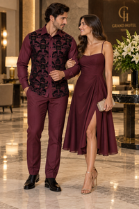 Mens Burgundy & Black Patterned Walking Suit – Long Sleeve Shirt & Matching Pants Set