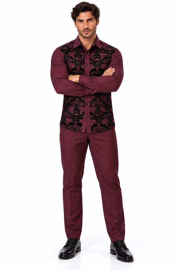 Mens Burgundy & Black Patterned Walking Suit – Long Sleeve Shirt & Matching Pants Set